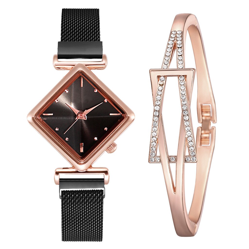 Dame ure sæt firkantet dame quartz ur armbånd sæt rød sort skive enkel rosa guld mesh luksus dame ure: Sort sæt