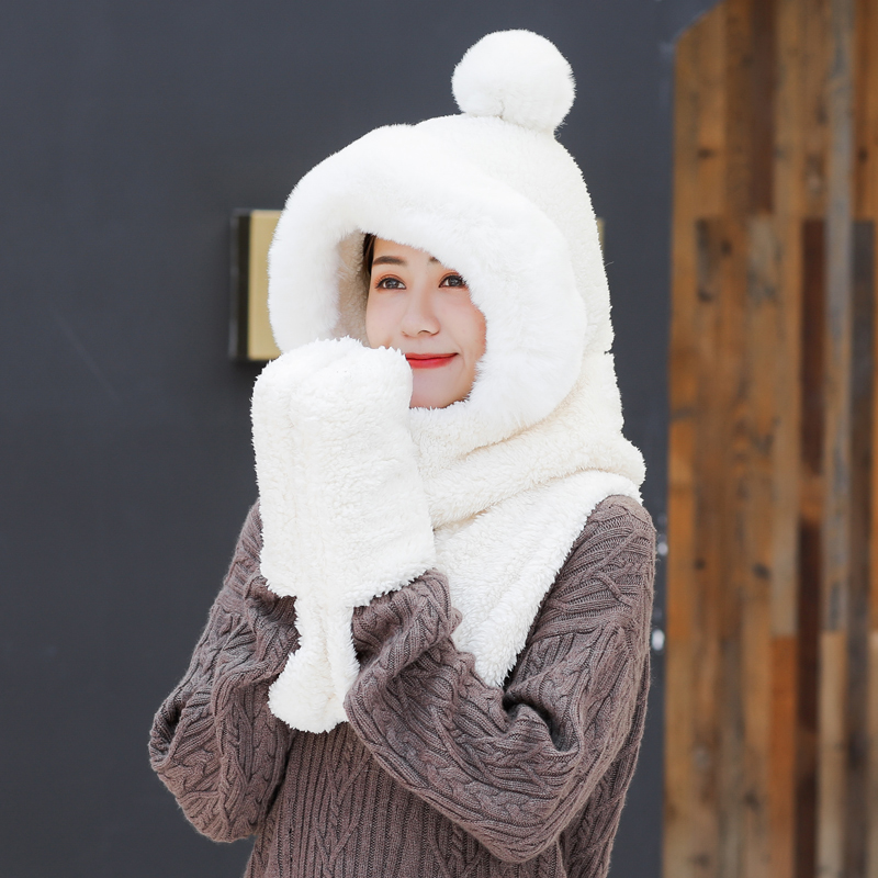 H7733 Women Bomber Hat Female Winter Student Warm Plus Cute Plush Neck Ear Protection Cap Girl Pure Color Thick Soft Lovely Hats: White