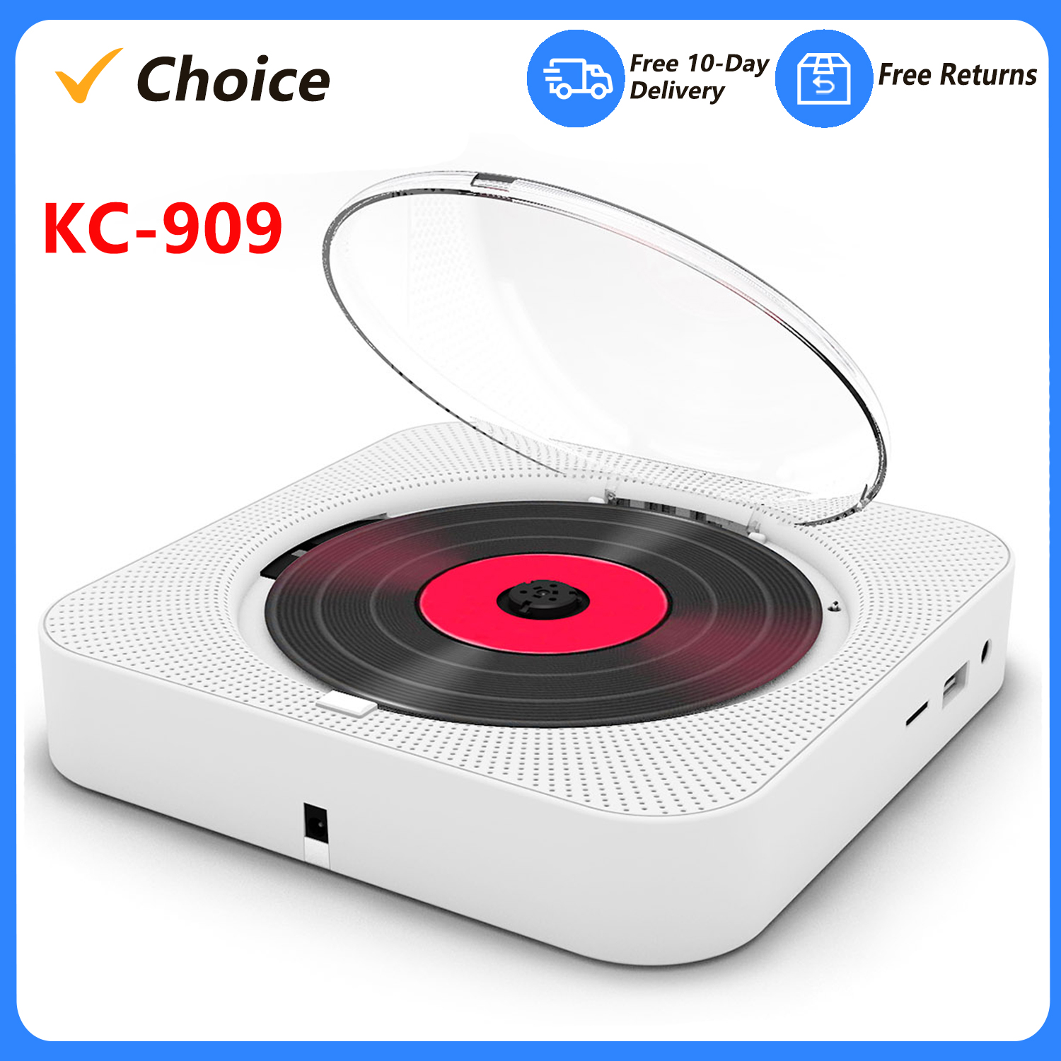 KC-909 Tragbarer CD-Player, integrierter Lautsprecher, Stereo mit doppeltem 3,5-mm-Kopfhöreranschluss, LED-Bildschirm, an der Wand montierbarer CD-Musik-Player