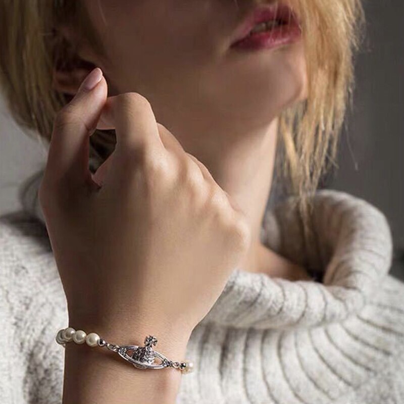 Luksus kunstige perlekæde til kvinder krystal saturner perle vedhæng halskæde kvindelige bryllup brude halskæder armbånd: Flisearmbånd
