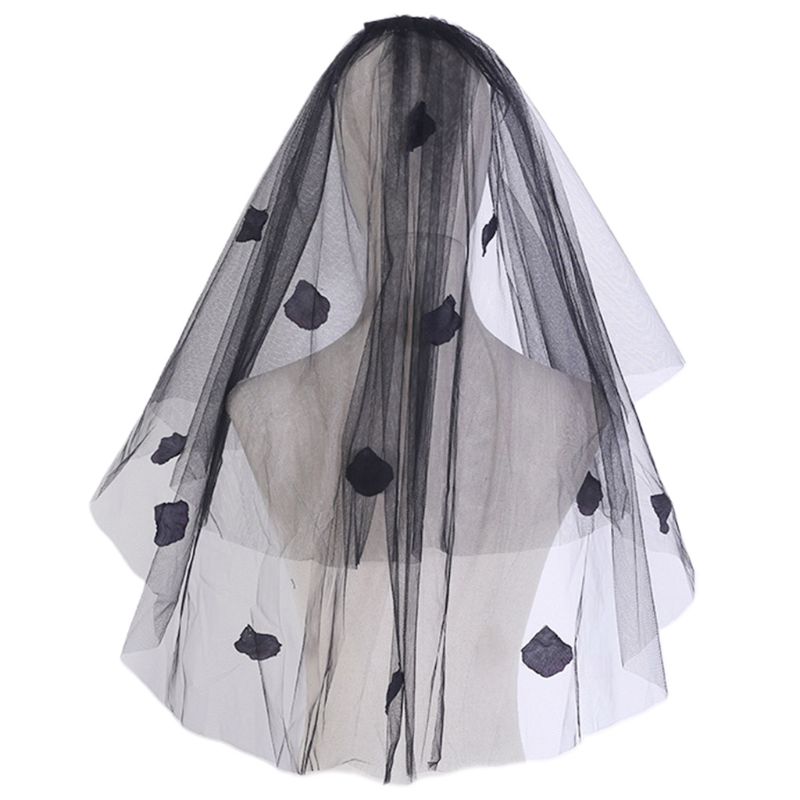 Womens Romantic Halloween Day of the Dead Wedding Veil with Black Flower Petals