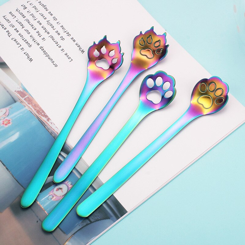 304 Stainless Steel Cat Dog Paw Claw Coffee Tea Milk Spoons Hollow Dessert Spoon Stirring Gold Spoon Cute Kitchen Tools