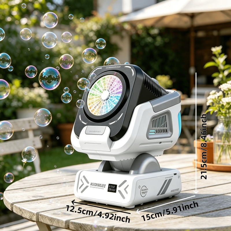 Diese verbesserte Seifenblasenmaschine von 2026 verfügt über eine Fernbedienung, automatische Drehung und RGB-Lichter. Es unterstützt das beladen über USB-C mit integrierter Funktion.