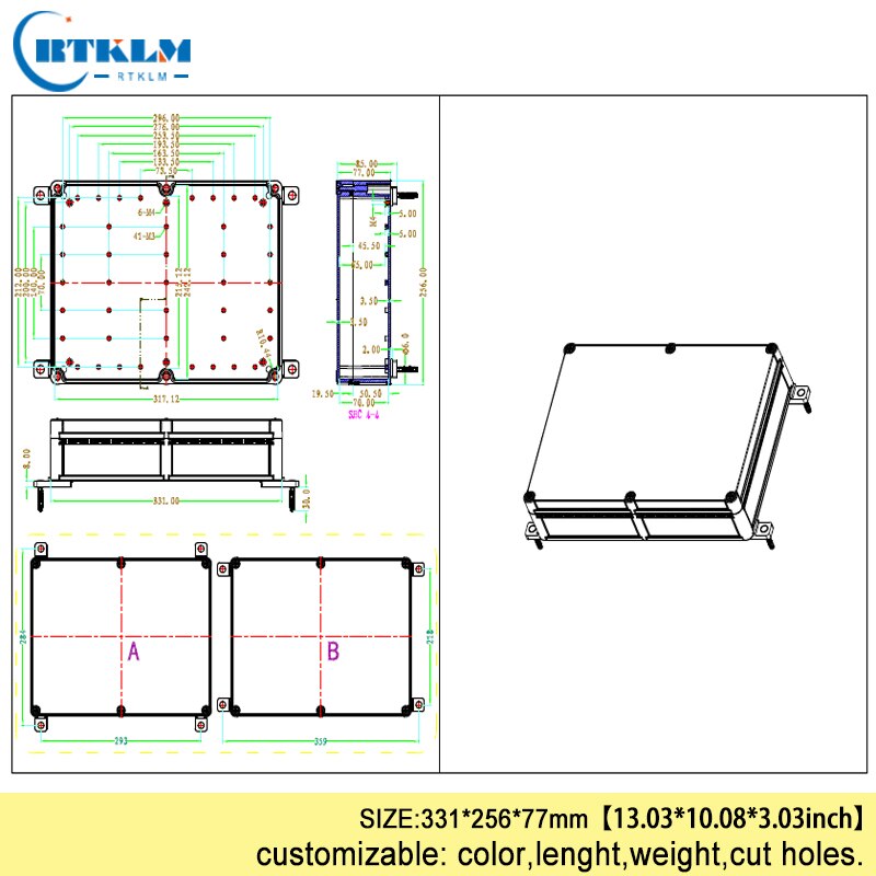 Plastic enclosure DIY waterproof electrical enclosure abs plastic electric box outdoor Waterproof instrument case 331*256*77mm