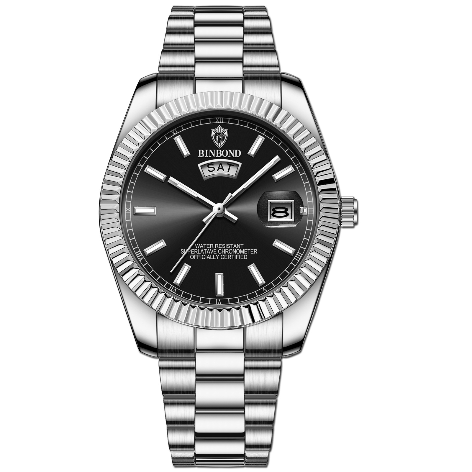 BINBOND Mens Quartz Watch Top Brand Sports Quartz Mens Watches Stainless Steel Waterproof Date Week Wristwatch Men Relogio: black