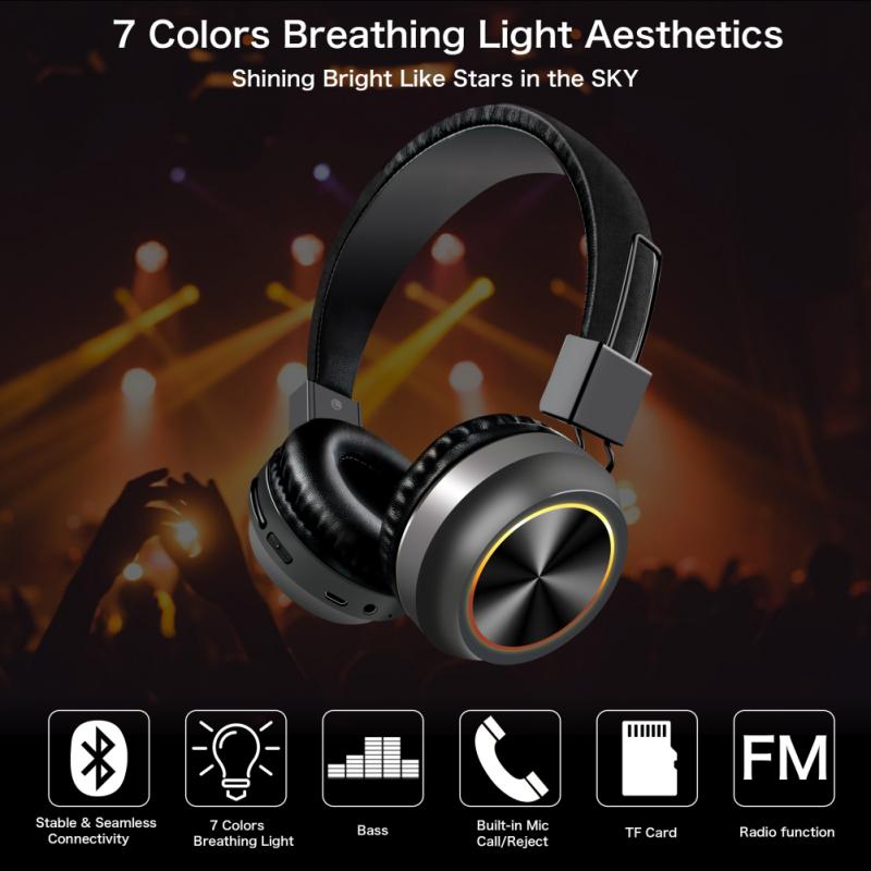 Kleurrijke Draadloze Bluetooth 5.0 Hifi Stereo Hoofdtelefoon Led Licht Draadloze Headset Opvouwbare Game Oortelefoon Speaker Voor Pc Notebook