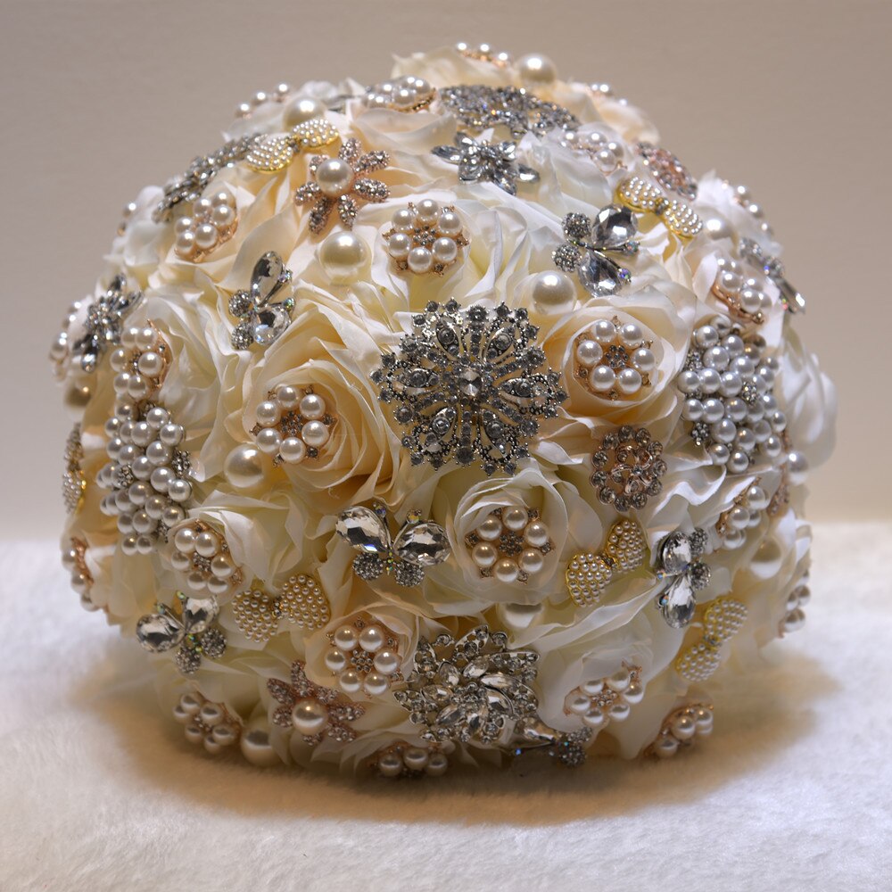 Kyunovia Kleuren Luxe Crystal Broche Boeket Kunstbloemen Boeket Steentjes 25Cm Grote Bruid Bruiloft Boeket GC11: Ivory and White