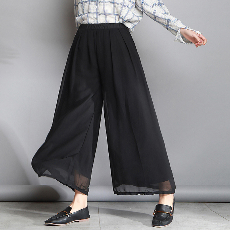 Plus Size Chiffon Wide-leg Pants Solid Black Blue Loose Pants Oversized Women Clothing Summer Autumn Spring Casual