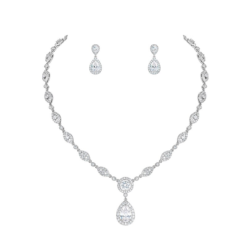 WEIMANJINGDIAN Halo Teardrop and Eye Shape Cubic Zirconia Necklace Earring Wedding Jewelry Set: White Gold