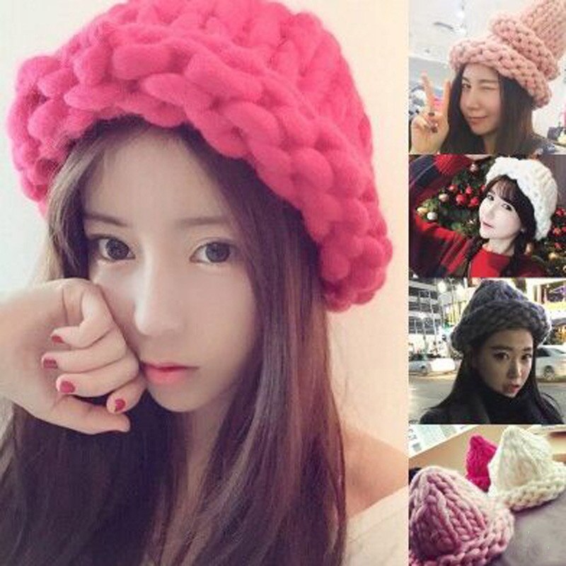 Women Winter Knitted Beanies Hat Thick Soft Warm Coarse Large Knitted Solid Hat Female Ice Ski Bonnet Hat