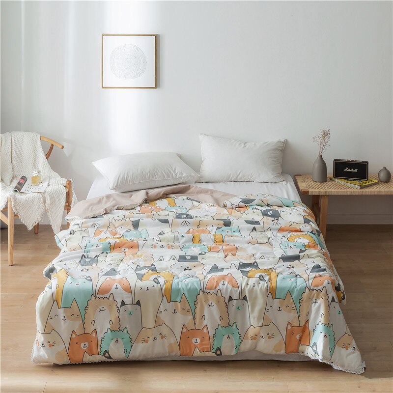 Sommer sengetæppe dronning kat dinosaur trykte dobbeltdyner og dyner til voksne tynd aircondition dyne colcha til seng: 200 x 230cm / E