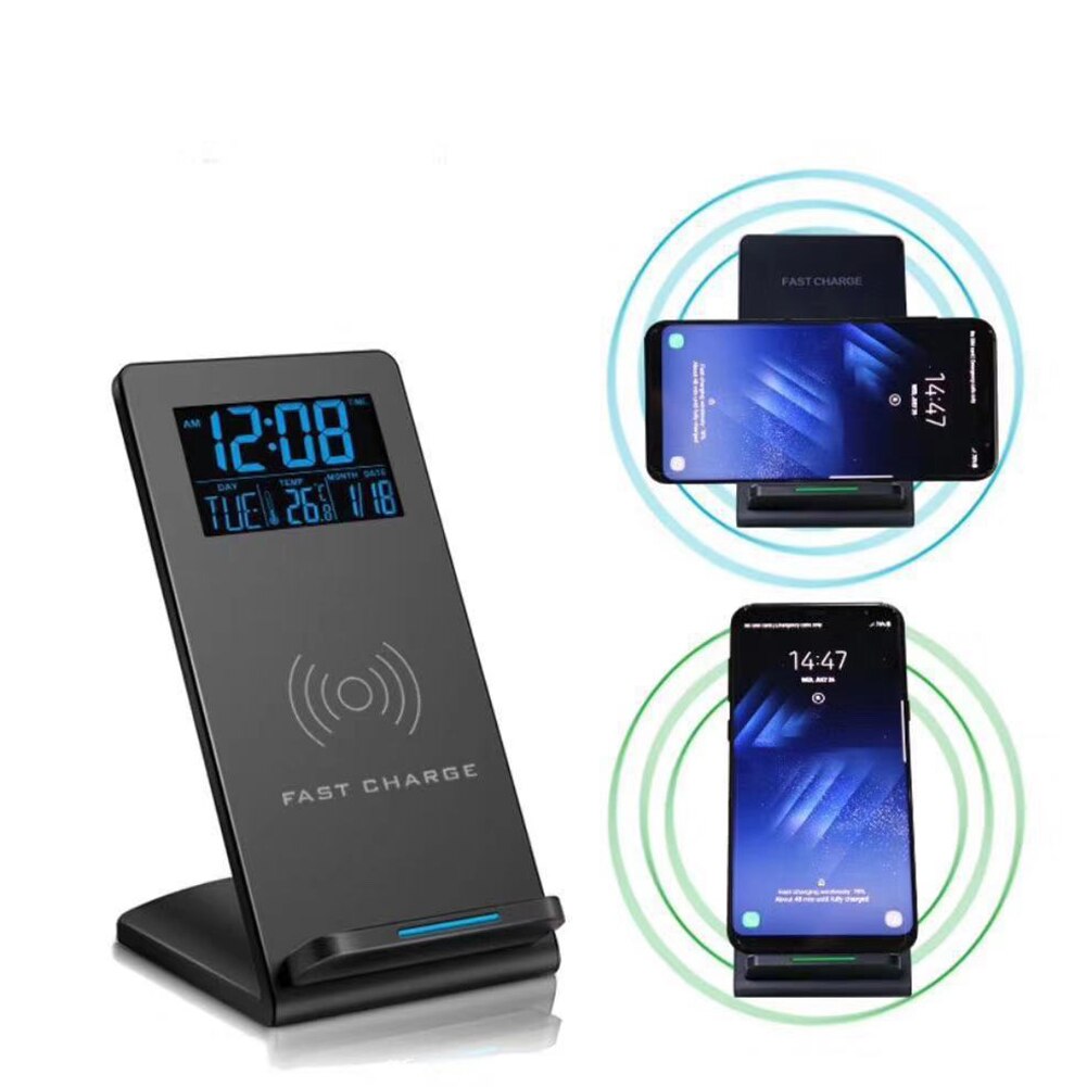 Elektrische Wekker Met Wireless Charging Stand Desktop Telefoon Houder Voor Samsung Iphone Temperatuur Lcd Digitale Klok
