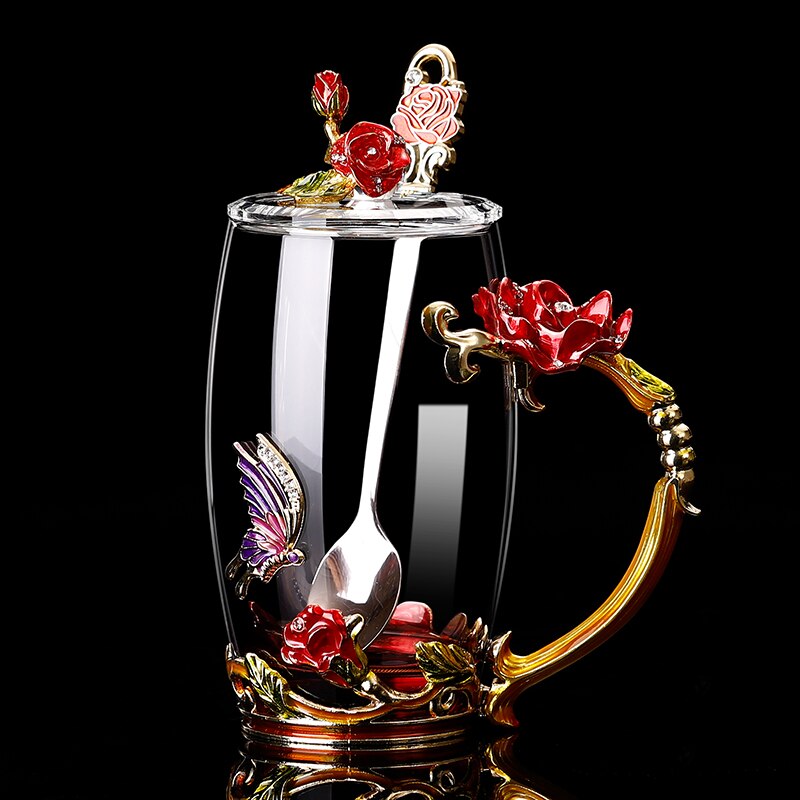 Glass Coffee Mug Tea Cup Enamel Crystal Flower High-grade Handgrip for Lover Wedding R2078: Red 6