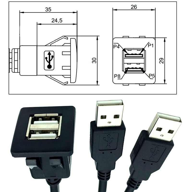 ABS Shell Buckle Type Dual Port USB 3.0/2.0 Male To Female Car, Ship, Motorcycle Instrument Panel Extension Waterproof Cable 1m