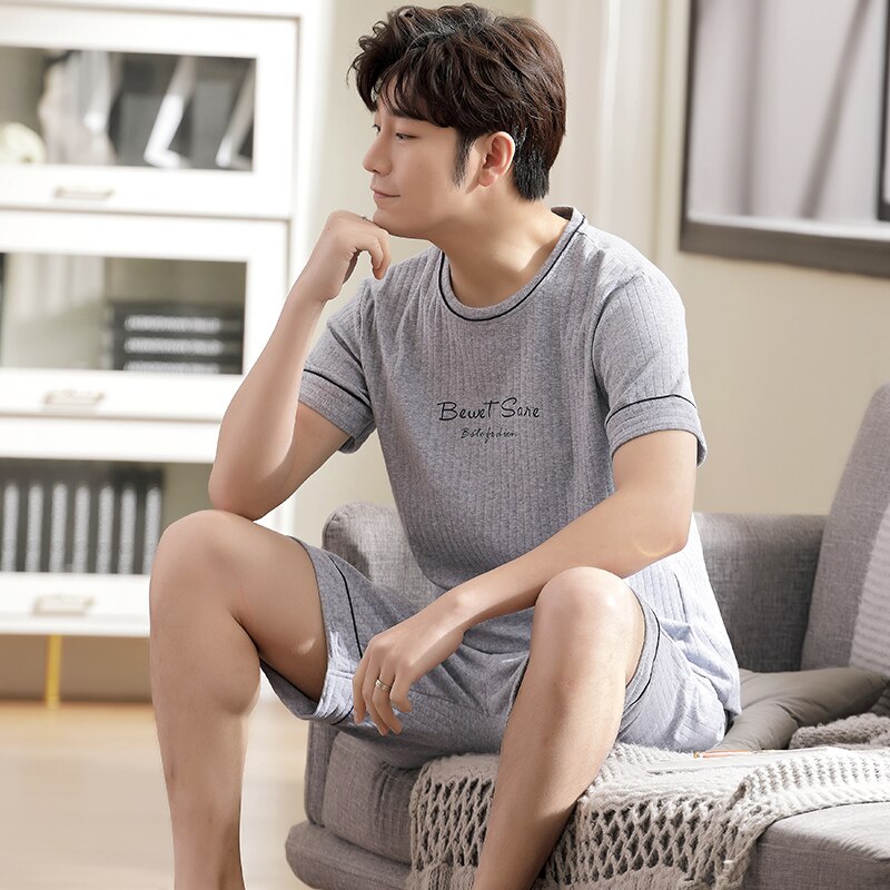 Conjunto de pijamas con letras para hombre, ropa de dormir de algodón de punto de manga corta, traje de casa, talla 4XL, color gris claro, novedad de verano