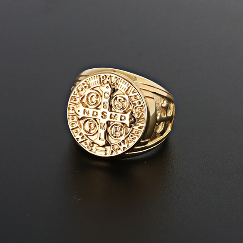 Stainless Steel Catholic Patron Saint St Benedict of Nursia Holy Medal Cross Ring Mens Punk Jewelry VRSNSMV SMQLIVB NDSMD CSSML
