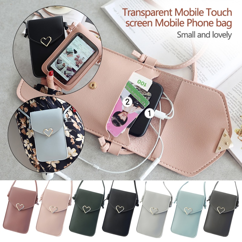 Women's Mini Crossbody Bag Touch Screen Mobile Phone Bag Vintage Love Solid Color Coin Purse Card Package Wallets