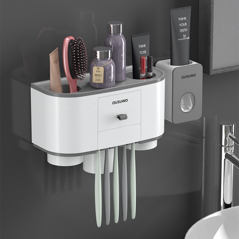 Spazzolino da denti titolare distributore Automatico di Dentifricio spremiagrumi per Il Bagno cremagliera Di Stoccaggio cremagliera di Montaggio A Parete Accessori per il Bagno impostato: B-Three cups grigio