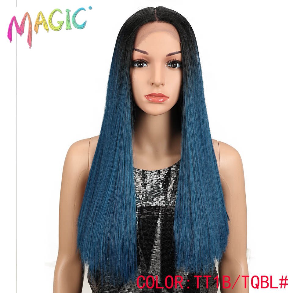 Cabelo mágico 20 "Polegada peruca dianteira do laço do cabelo reto sintético natural linha fina resistente ao calor parte do meio do cabelo da fibra para preto: TT1B-TQBL