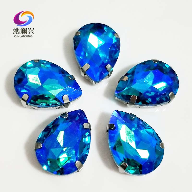 Super schoonheid Meer blauw AB kleur vorm Glas Kristal naaien steentjes met gaten, Diy Kleding accessoires SWS26
