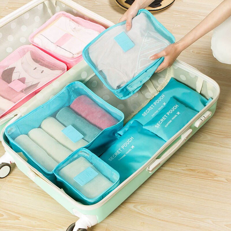 Women Men 6PCS/Set Travel BagTravel Mesh Bag In Bag Luggage Organizer Packing Cosmetic Bag Cube Organiser for Clothing: SkyBlue