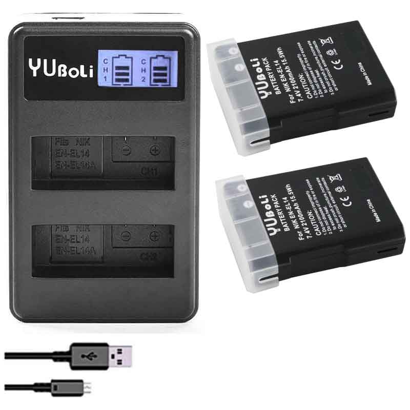 Paquete de baterías EL 14 ENEL 14 EN-EL14A EN EL14 EL14A EL14 + para Nikon D5200 D3100 D3200 D5100 P7000 P7100: charger and 2battery