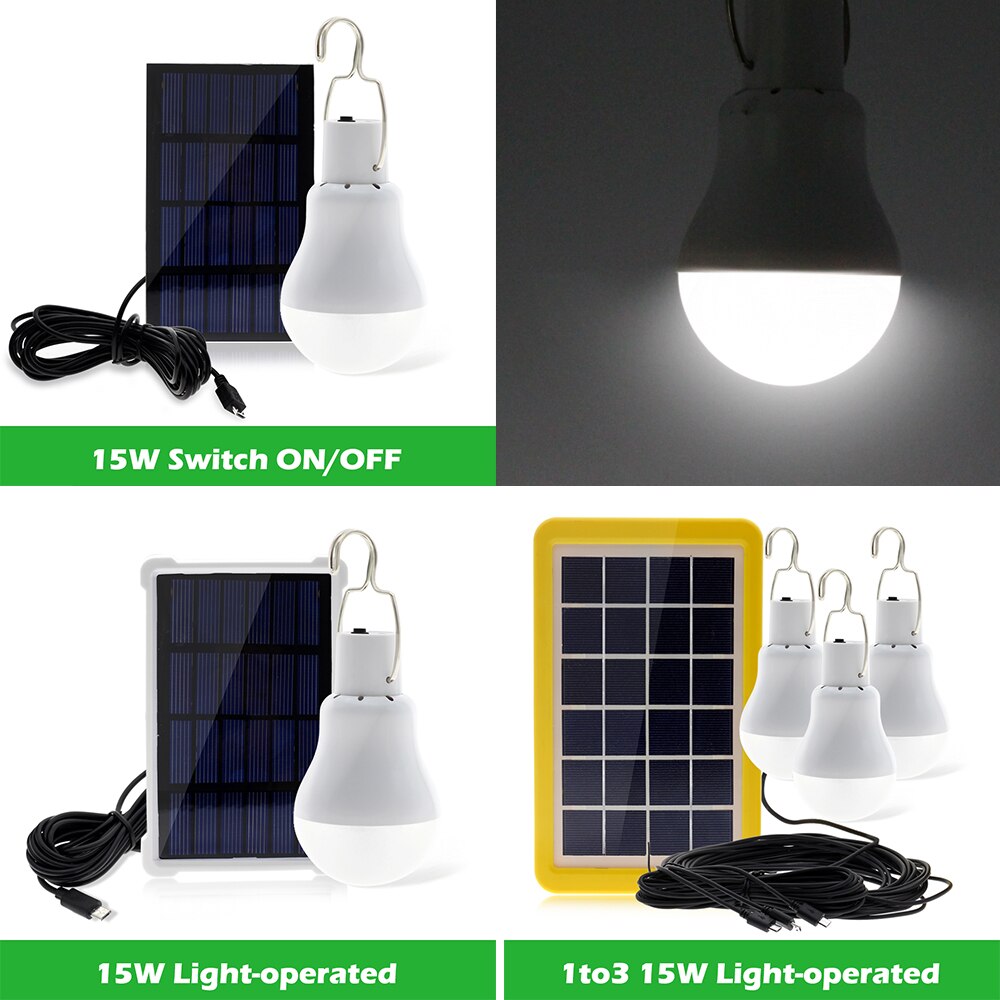 Portable Solar Lamp 15W LED Solar Light Bulb Solar Energy Panel Powered Emergency Tent Lights for Garden Outdoor Camping Fishing