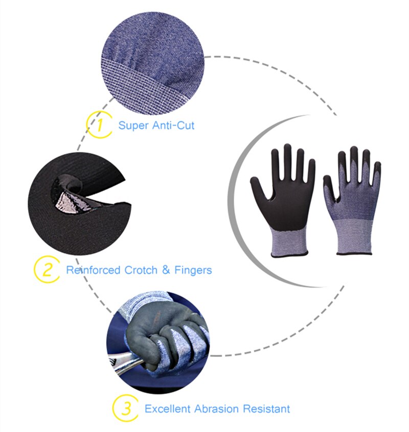 Guantes anticorte de nivel 5 GMG, 3 pares, azul, delgados, blandos, HPPE, certificado CE, mecánicos de seguridad, anticorte