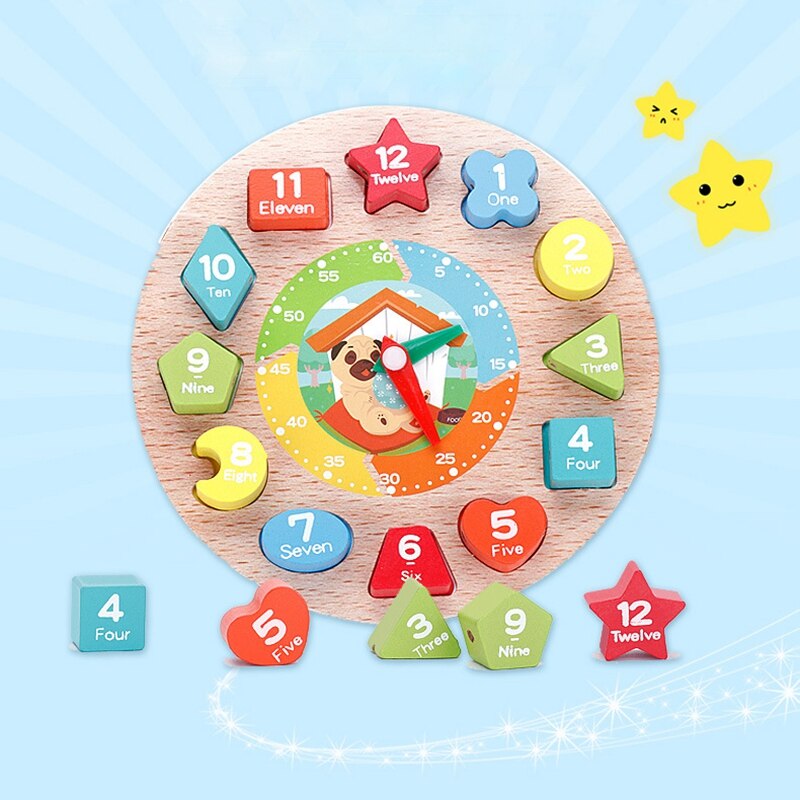 Træ digital ur legetøj til børn tidligt læring puslespil farve form kognitiv matchende digital strengning perler ur legetøj