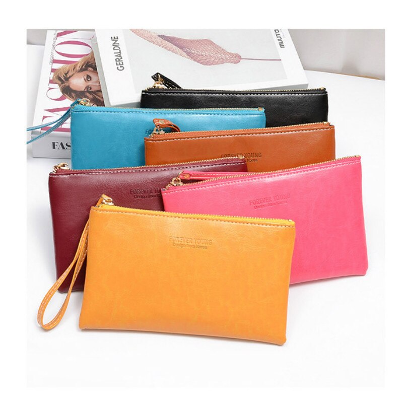 Solid Men Women Wallets PU Leather Bag Zipper Handy Clutch Coin Purse Phone Key Holder Wristlet Portable Travel Handbag