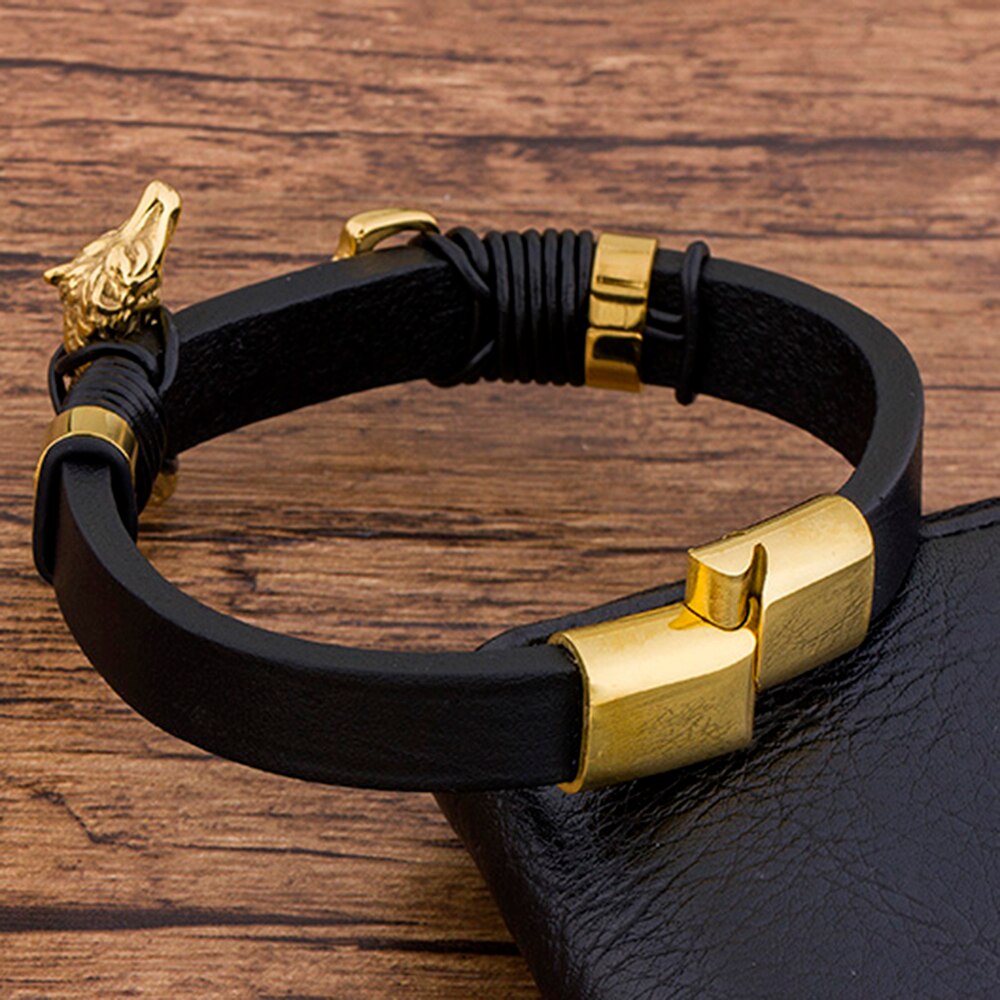Charm Punk Rock Gevlochten Touw MagneticBlack Lederen Dier Armband Mannen Armbanden Gouden Sieraden Cadeau Voor Jongen Vriend