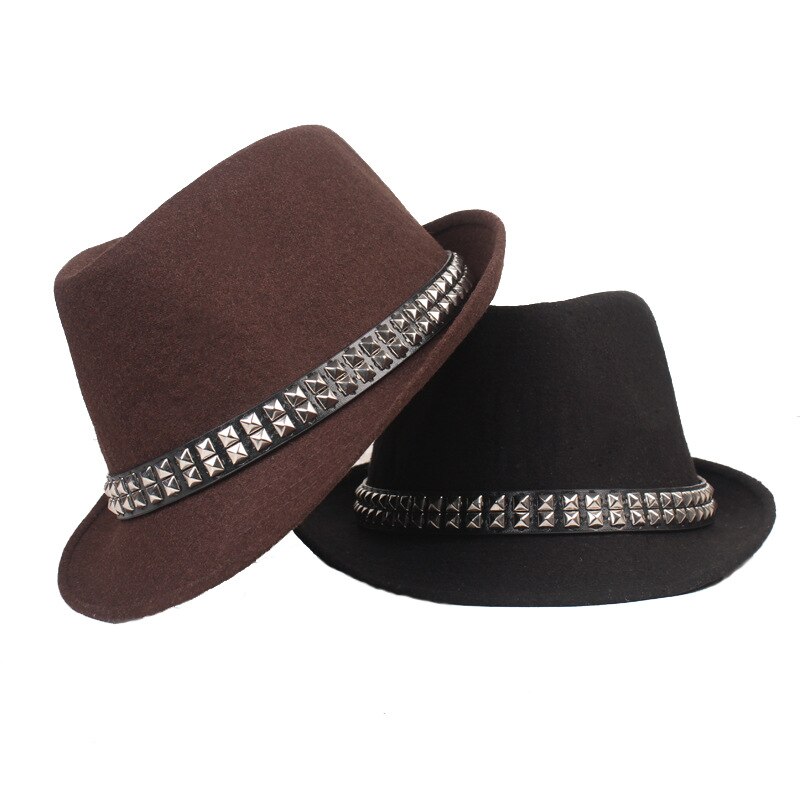QBHAT-Sombrero de ala corta con remaches para hombre, sombrero de lana con banda de remache, fieltro, Jazz, Trilby, protección solar, para exteriores