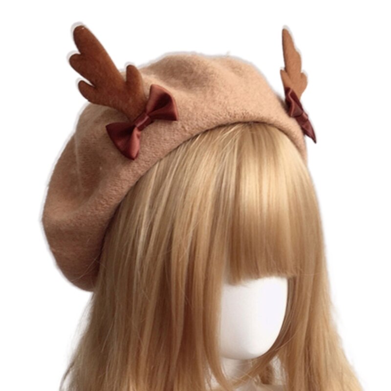 Winter Elegante Lolita Hirsch Geweih Mütze Wolle Maler Hütte Süße Coole Baskenmütze Lolita Hütte Frauen Mädchen Zubehör: hell Braun
