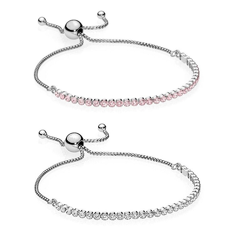 Newest S925 Sterling Silver Sliding Clasp Adjust Fit Original Pan Crystal Bracelet Women Charm Beads Jewelry Bangles