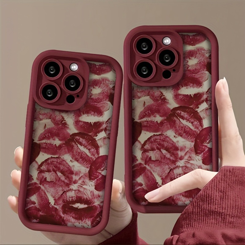 Valentijnsdag Wijn Rode Lip Print Zacht TPU Schokbestendig Telefoonhoesje Voor iPhone 16 15 14 Pro Max 16E 13 12 11 XS X XR 7 8 Plus SE2 Cover