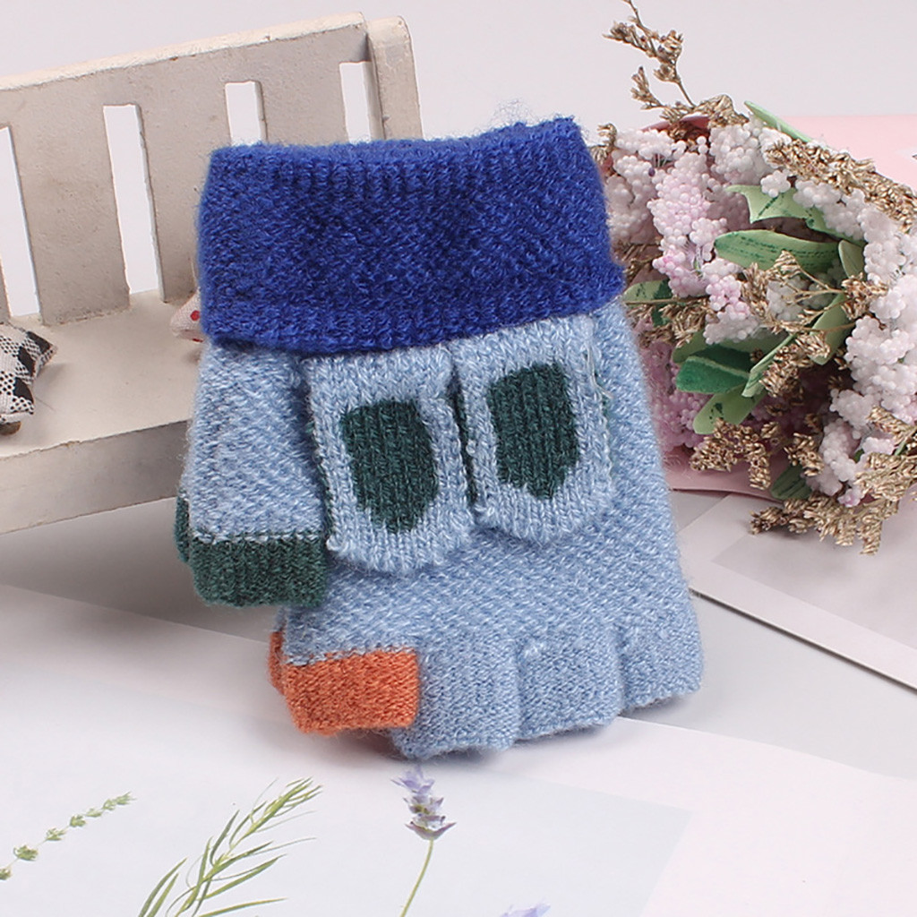 Guantes de invierno de medio Dedo de los niños de dibujos animados guantes de punto de los niños guantes de invierno #4: Blue