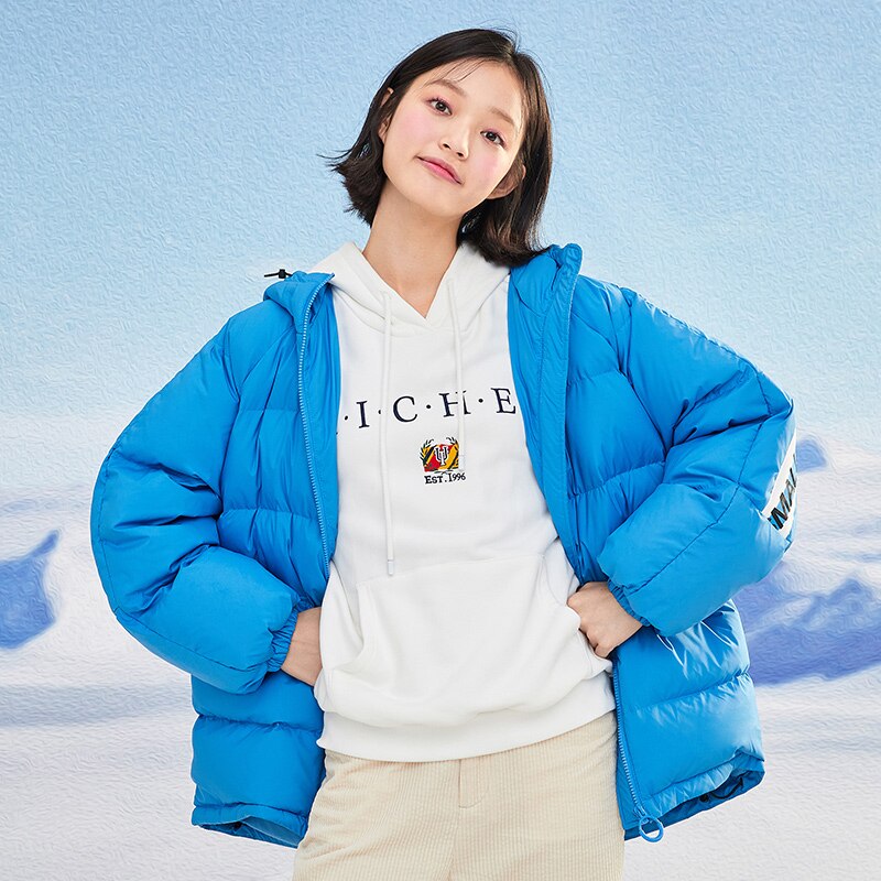 SEMIR-Chaqueta de plumas gruesas de longitud media para mujer, abrigo de invierno de costura con capucha, ropa cálida, chaquetas holgadas para mujer: China blue / L