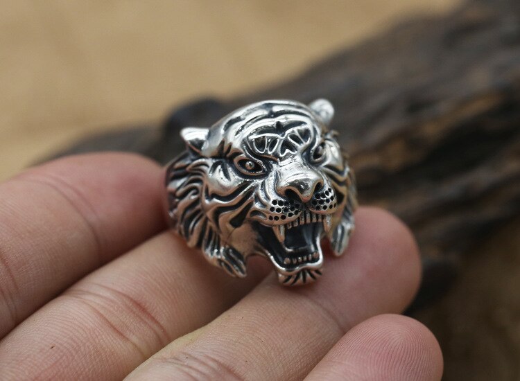 Vintage 925 Argento Bianco Anello Tigre di Buona Fortuna Anello Uomo 100% Sterling Argento Fengshui Tiger Anello Thai Anello In Argento 925