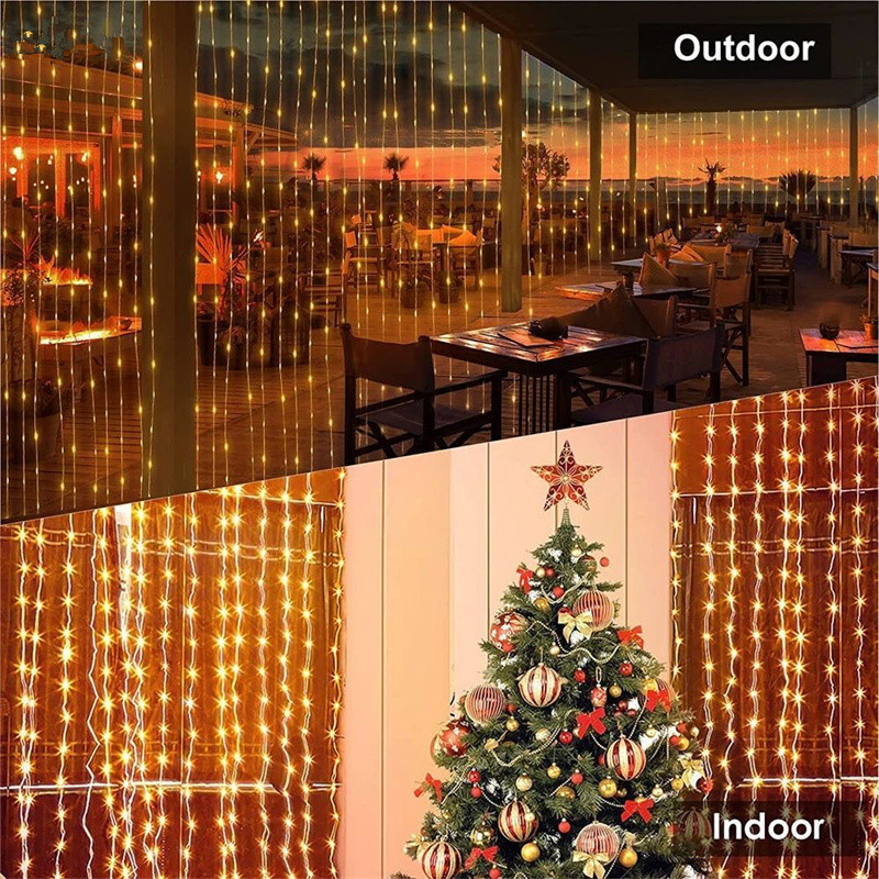 Cortina de luces LED solares de 6M/3M, 8 modos de iluminación, guirnaldas de luces para exteriores, cenador para de boda, decoración de jardín, iluminación navideña