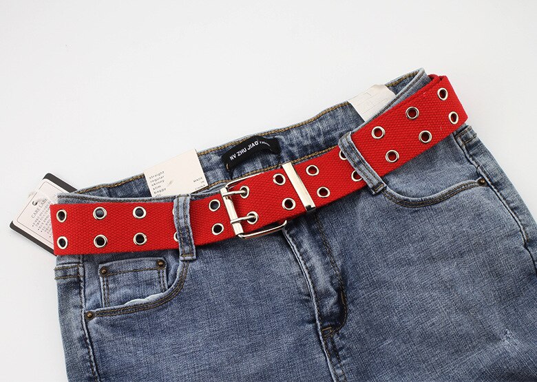 Dubbel genomföring hål spänne bälte brett canvas webbbälte kvinnlig manlig svart röd vit midjeband bälten för kvinnor män jeans: Röd