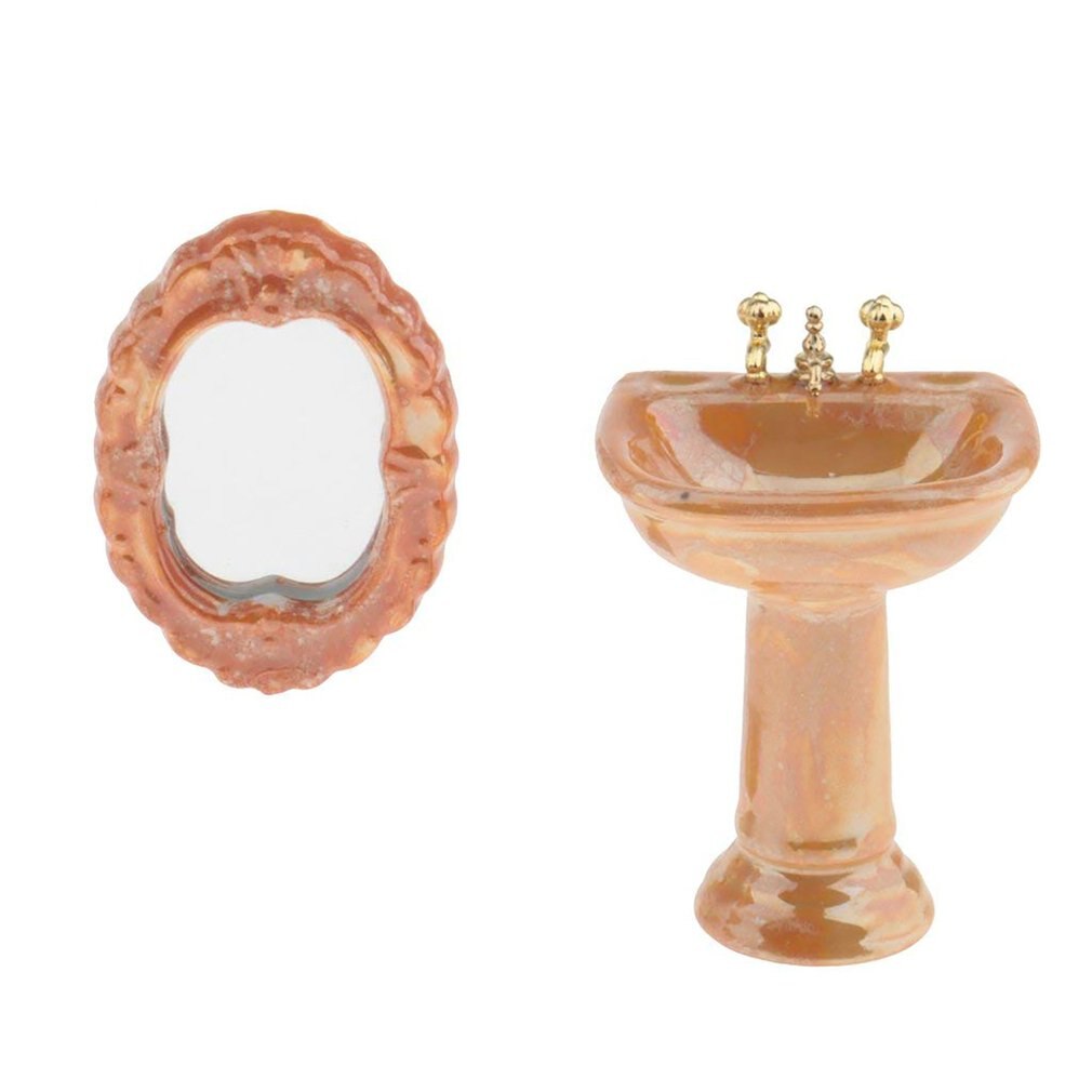 Mini keramisk badeværelse fodfæste badekar toiletpedestal vask & spejl sæt gul