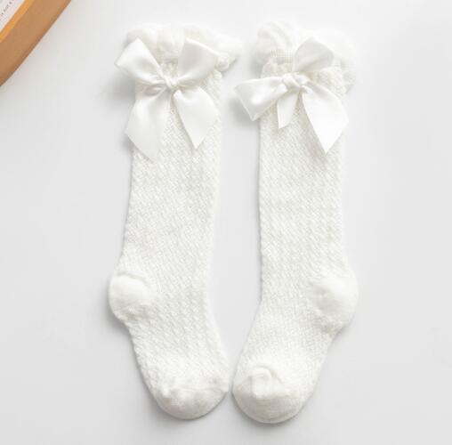 Barn flickor kunglig stil rosett knähöga nätstrumpor.baby toddler bowknot in tube socks.kid ihåliga strumpor sox 0-4y: Vit rosett / 2y-4y