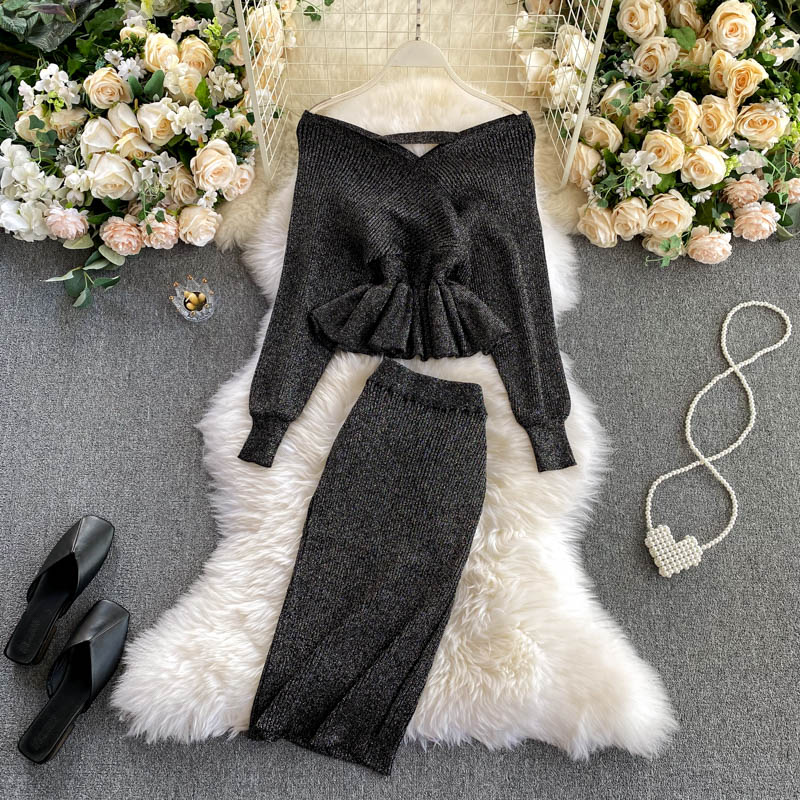 SINGRAIN Autumn Women Shiny Knitting Skirts Sets Lurex Ruffles Long Sleeves Wool Warm Sweater knitted Two Pieces Set Women: black