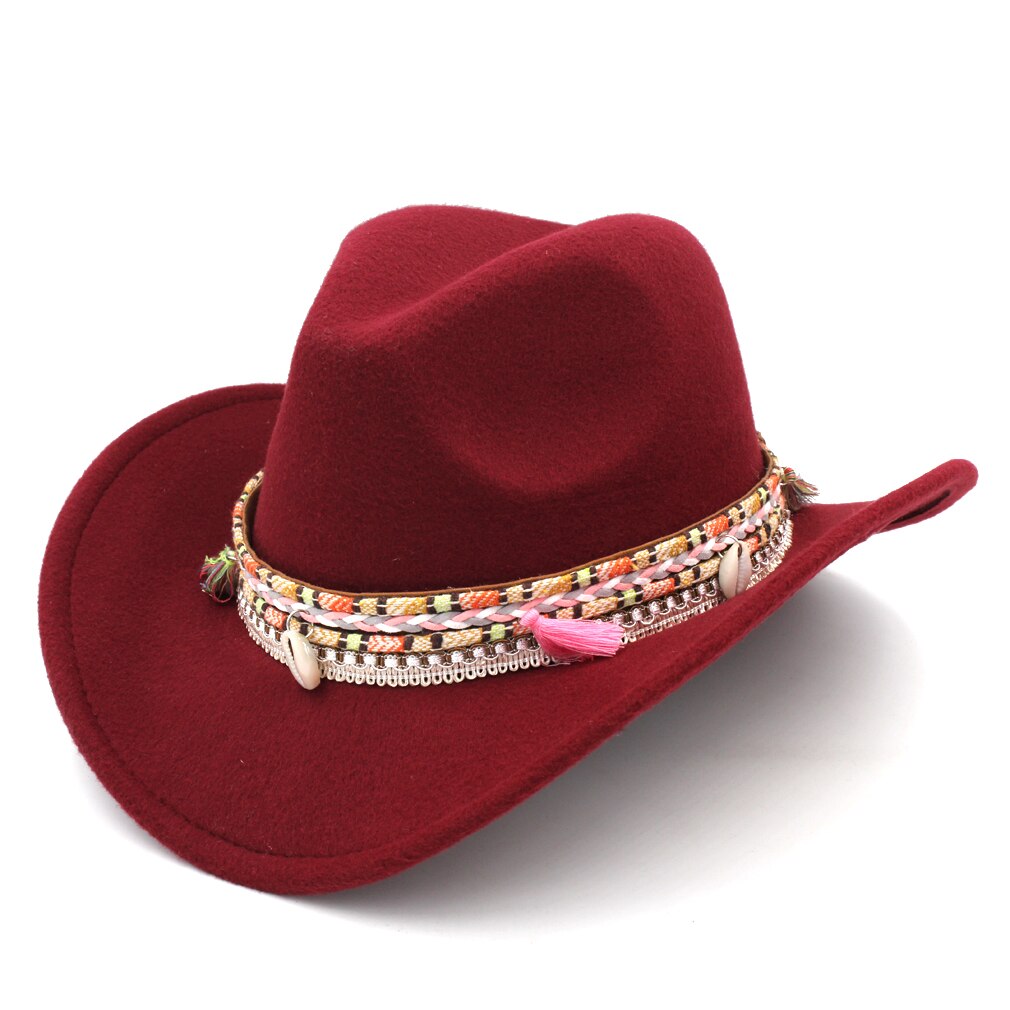 Mistdawn kvinder damer uld bred rand vestlige cowboy hat cowgirl ridning kostume kasket kvast boheme hatbånd størrelse 56-58cm bbd: Rødvin