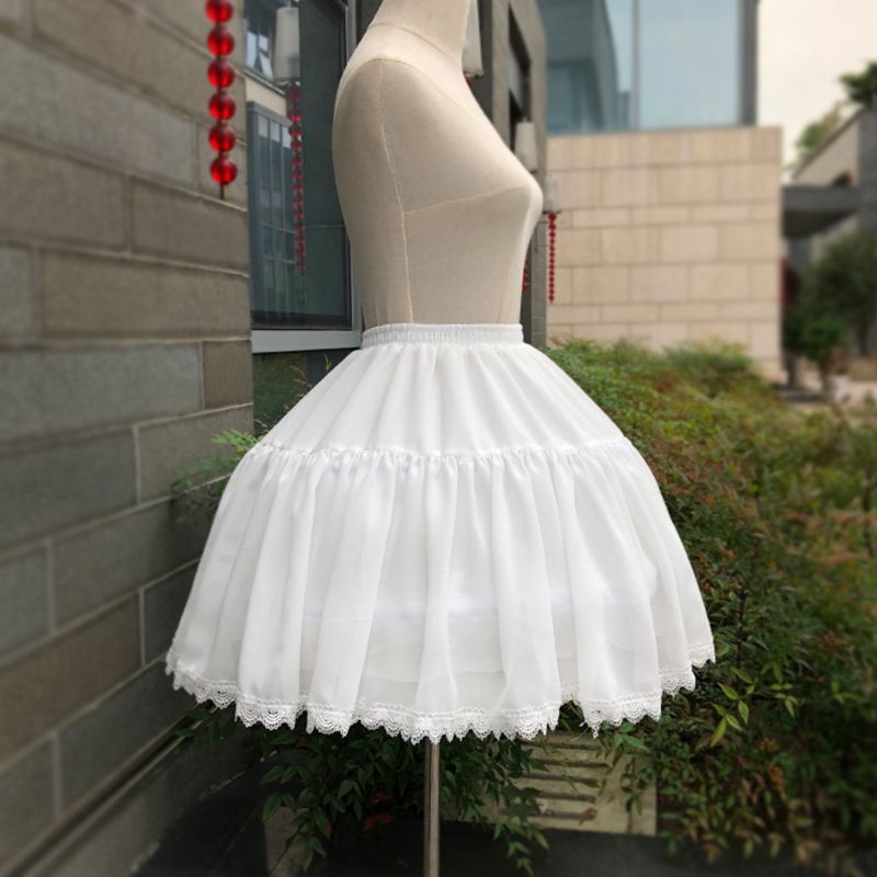 Vrouwen meisjes 2 hoepels chiffon korte onderrok geschulpte kant rand lolita cosplay bruids verstelbare crinoline onderrok bustle