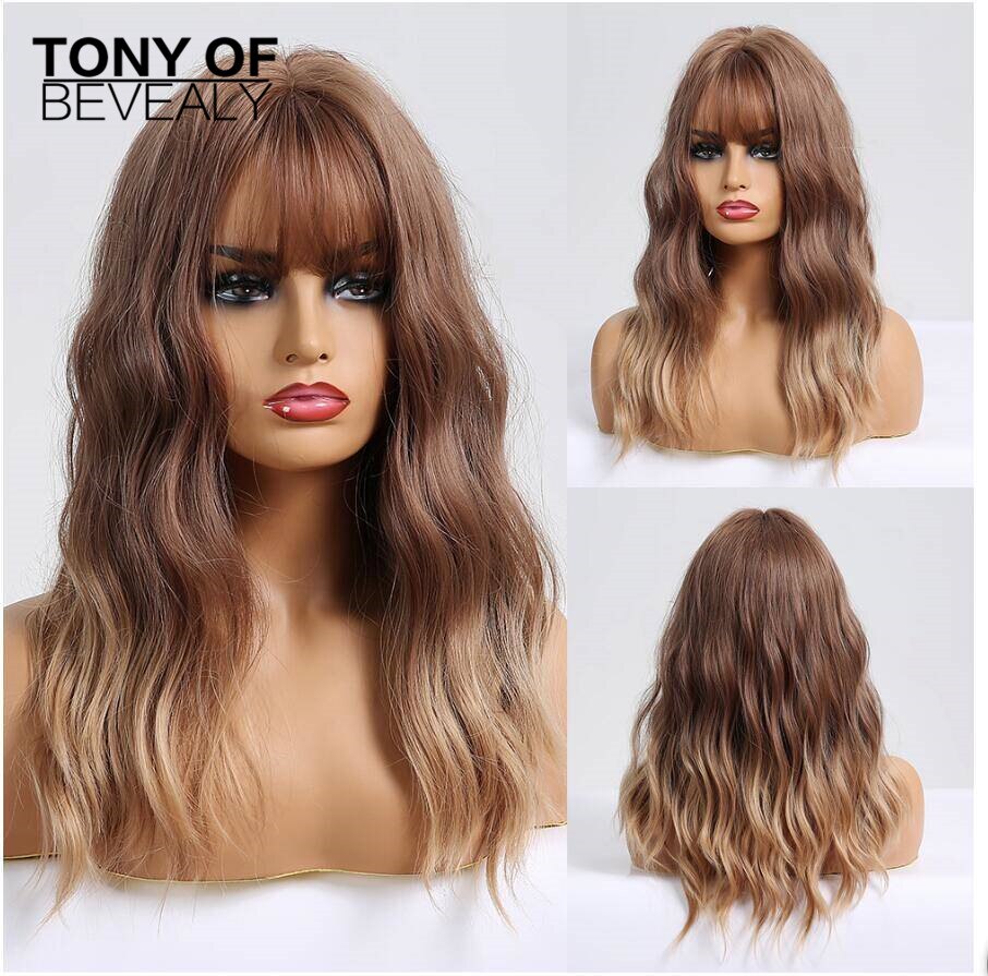 Medium Length Synthetic Wigs for Women Brown Wavy Natural Hair Wigs With Bangs Cute Cosplay Party Wigs Heat Resistant Fiber: lc249-1