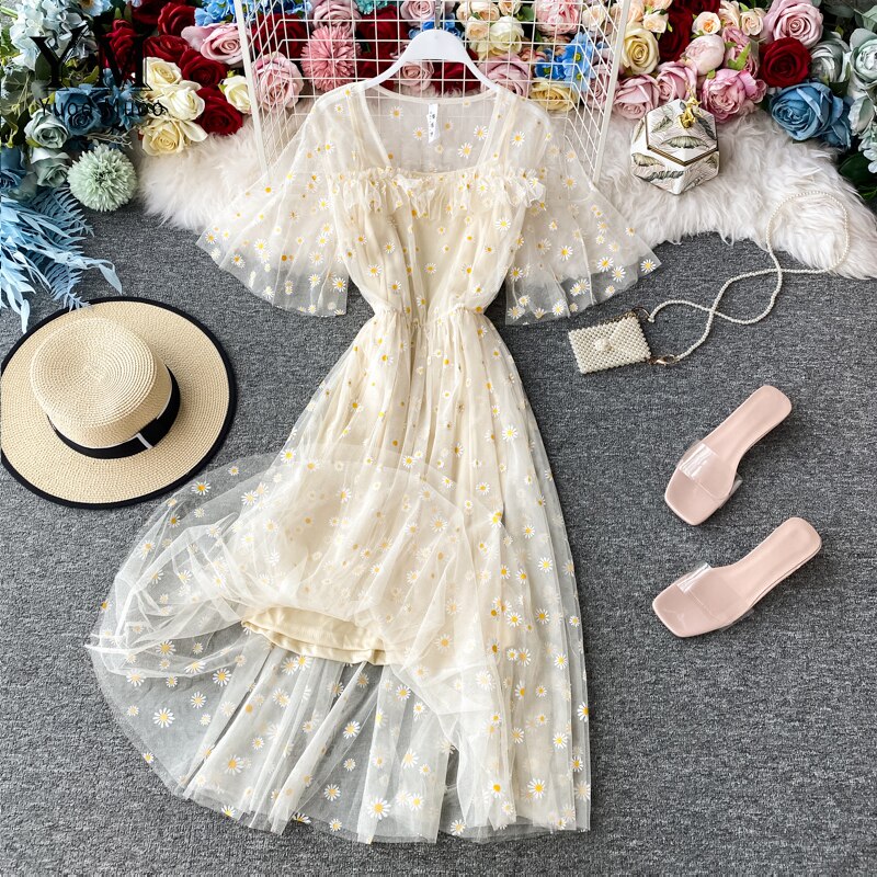 Yuoomuoo romantiska kvinnor mesh rosa festklänning sommar chic daisy flower broderi lång spetsklänning damklänningar tunika
