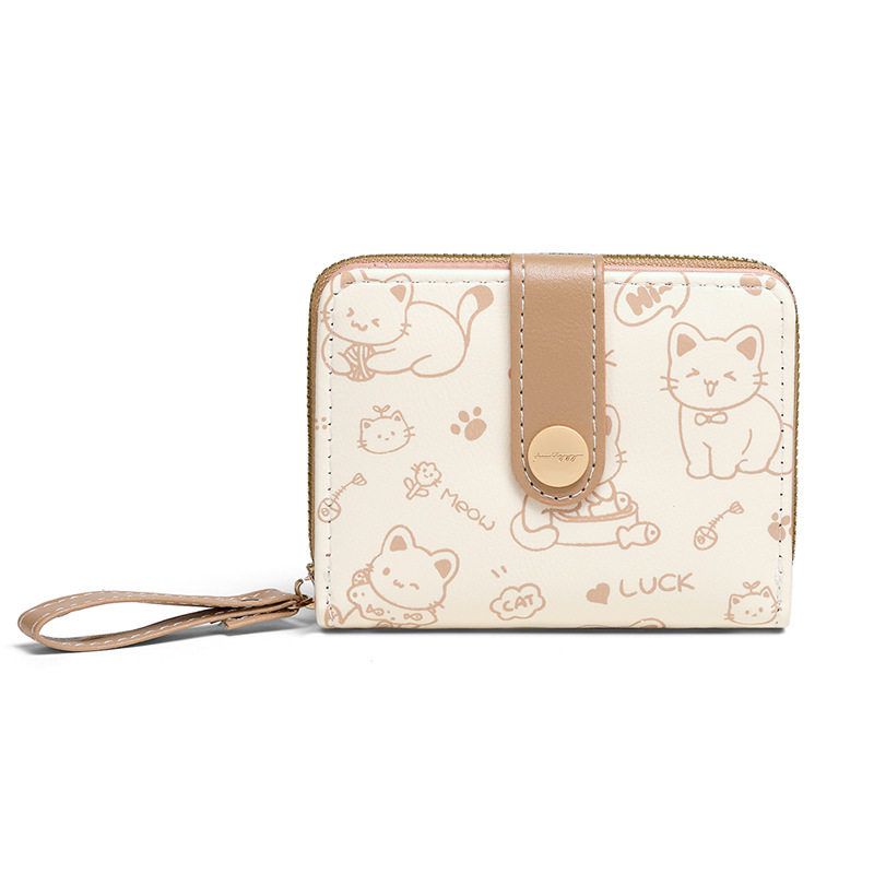 Minimalist Cute Cat Wallet Women Japanese Style Snap Closure Coin Pocket Hand Strap Multi-Function