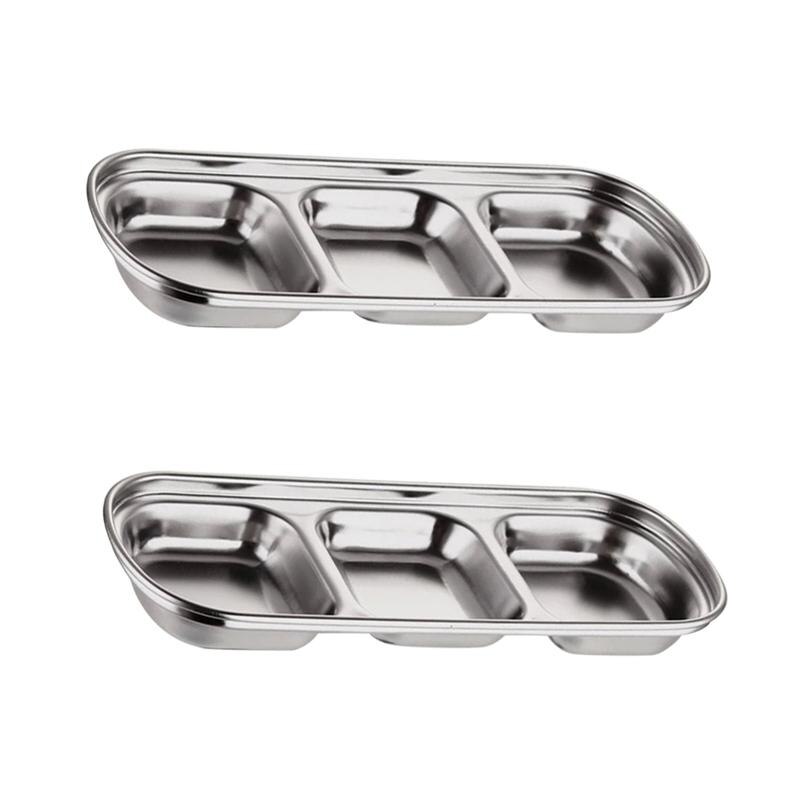 2PCS Stainless Steel Dip Dish Condiment Plate Sub-Grid Flavored Sauce Vinegar Bowl Compartment Seasoning Dipping Plates (3-Grid)