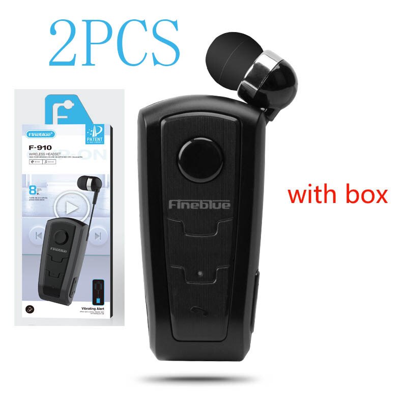 FineBlue F910 Bluetooth Headset - Clip-on, Vibration Alarm, Retractable Cord, Hands-Free Calling